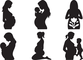 Six black silhouette illustrations of pregnant women and mothers with babies woman baby