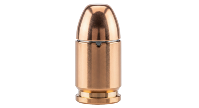 Shiny 9mm pistol bullet isolated PNG, ammunition for handgun and self-defense Cartridge with copper jacket and lead core on transparent background