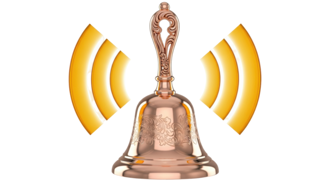 Ornate copper bell PNG isolated on transparent background, vintage metal handbell with sound waves for celebration and notification