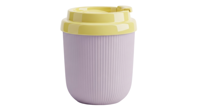 Reusable coffee cup with yellow lid isolated PNG on transparent background, eco-friendly travel mug for hot drinks and sustainable lifestyle