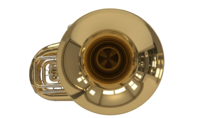 Gold sousaphone isolated PNG on transparent background, brass musical instrument for orchestra and marching band performance