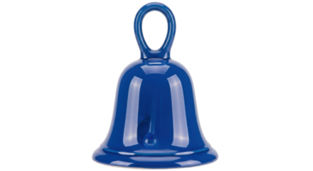 Shiny blue metal bell isolated PNG on transparent background, vintage nautical signal instrument for decoration and celebration use