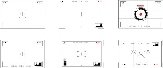 Set of 8 video camera Vector frame viewfinder overlay screen with subject focusing. Digital displays with zoom, record, Battery and chart indicators on white background for mockup, app and website.