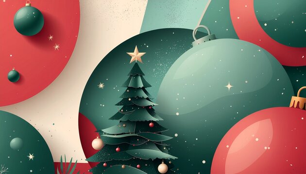 Christmas tree stands in the center of a composition surrounded by large colorful baubles and floating ornaments in a festive design.