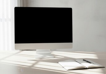 Modern computer display with open notebook and pen illuminated by natural sunlight