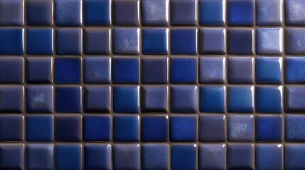Close-Up View of Shiny Dark Blue Ceramic Tiles Arranged in a Grid Pattern Showcasing Various Shades of Blue and Reflective Surfaces for Interior Design