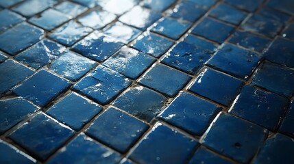 Closeup view of textured blue square tiles with varying shades and reflections, creating an abstract pattern
