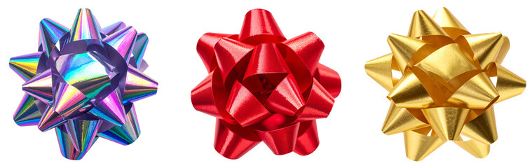 Set of Three Gift Bows &ndash; Holographic, Red, and Gold Ribbon Bows Isolated on a White Background
