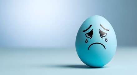 Blue egg with sad face and tears on light blue background crying