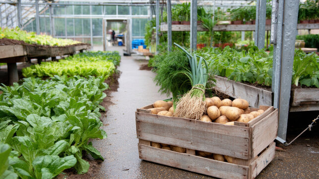 Crate with freshly harvested potatoes, leeks and herbs in greenhouse walkway. Organic farming, eco-friendly food production and sustainable vegetable harvest
