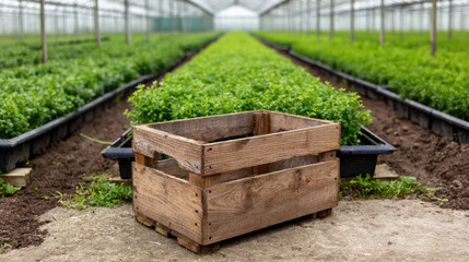Empty wooden crate placed in greenhouse with rows of fresh green plants. Sustainable agriculture, organic growing and eco-friendly food production environment