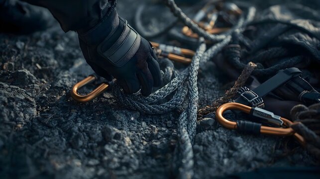 Mountaineering Rappel Scene with Gloved Hand Tightening Climbing Rope Knots on Rocky Expedition Gear