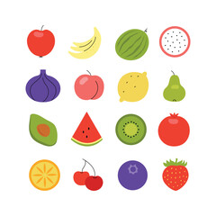 Set with different sweet fruits in simple flat design. Hand drawn isolated vector illustration