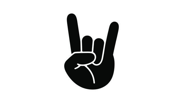 Black silhouette of a hand making the rock and roll sign against a white background