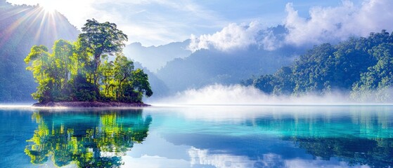 A serene, mist-covered lake reflects a small, tree-covered island and distant mountains under the soft glow of sunrise.