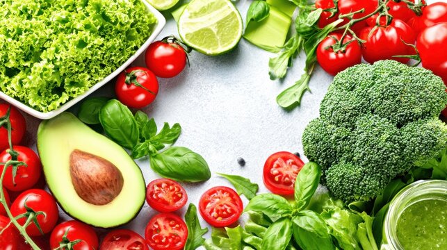 Green and red vegetables including avocado, tomatoes, broccoli and lettuce arranged around frame. Organic food, plant-based eating and eco-friendly healthy lifestyle