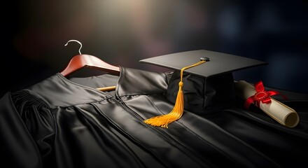  Graduation gown on a hanger with cap and diploma placed nearby