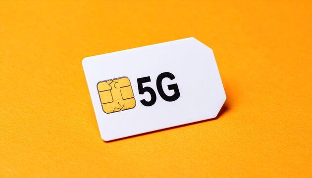 “A white 5G SIM card with gold chip on a vibrant orange background.”