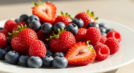 A close-up of a white plate piled high with fresh, ripe strawberries, blueberries, and raspberries, illuminated by natural light.