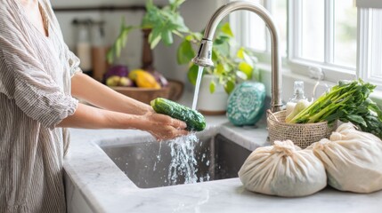 Woman washing cucumber under running water. Bright kitchen scene with reusable produce bags and fresh vegetables reflecting eco-friendly, low-waste food habits
