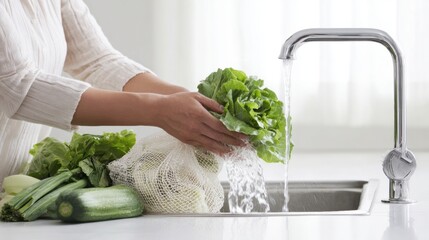 Washing leafy vegetables taken from mesh produce bag. Clean kitchen environment and fresh greens highlight sustainable living, organic food and environmentally conscious cooking