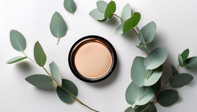 makeup powder compact sits among eucalyptus branches on a white background