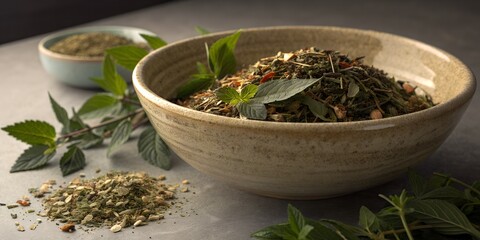 A rustic wooden bowl overflowing with dried herbs and fresh green leaves showcasing culinary and medicinal botanicals