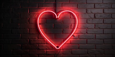 A vibrant red neon heart sign glows brightly against a dark textured brick wall casting a warm and romantic ambiance