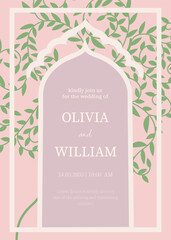 Elegant pastel layout with a decorative arch and flowing green leafy branches, designed in a soft minimalist style with refined typography for a graceful celebratory announcement
