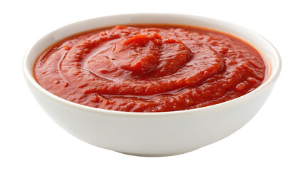 Red tomato sauce in bowl cut out on PNG isolated on white. AI generated.