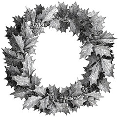 Vintage Holly Wreath Sketch. Detailed botanical engraving of holly leaves and berries forming a circular festive wreath.