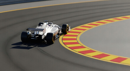Obraz premium Sleek racing car speeding around the track corner, a dynamic scene of speed and precision, perfect for automotive enthusiasts and racing marketing projects