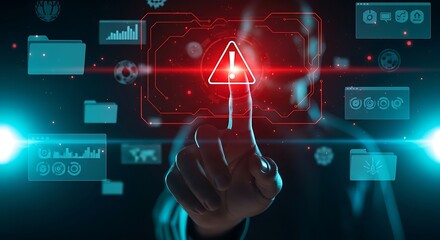 Hacker touching digital screen with warning sign representing cyber security threat in dark environment, conveying danger and urgency.