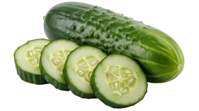 Fresh green cucumber whole and sliced isolated on transparent background