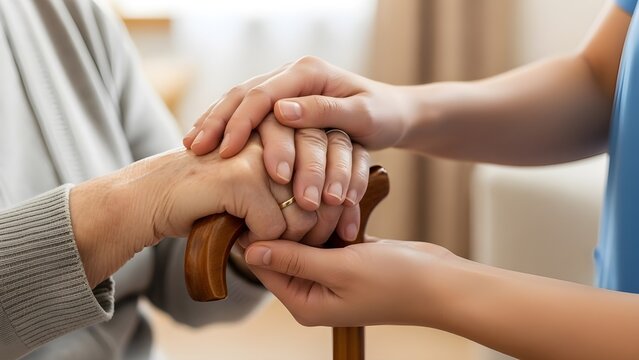 Gentle hands helping an elderly person hold a walking cane, close-up view showing compassion and support without showing faces.
