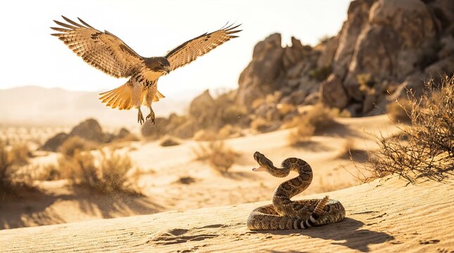 Deadly Encounter: A raptor and snake engage in a dramatic aerial battle for survival in the arid desert landscape, emphasizing a display of nature's raw power.