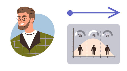 Smiling man in glasses, aligned with statistical chart showing bell curve and arrow for growth. Ideal for business, strategy, education, statistics, analysis, career planning. Simple flat metaphor