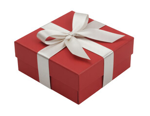 Obraz premium Red gift box with white satin ribbon bow isolated on a transparent background