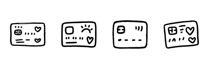 Credit Card Line Icon Set In Doodle Style. Financial Transactions, Payment Methods, And Banking Services Outline Sketch Collection. Hand Drawn Isolated Vector Illustration