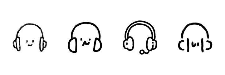 Headphones And Headset Line Icon Set In Doodle Style. Audio Listening, Communication, And Music Enjoyment Outline Sketch Collection. Hand Drawn Isolated Vector Illustration