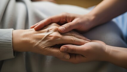 Caregiver’s hands clasping an elderly person’s hand resting on a soft blanket, symbolizing trust and tenderness in senior care.
