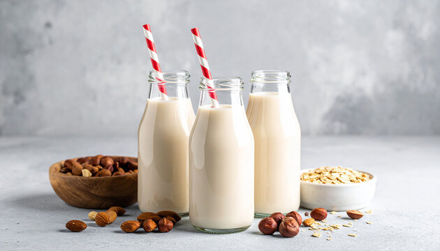 Three Glass Bottles of Plant- Based Milk with Almonds and Oats plant milk almond milk - Powered by Adobe