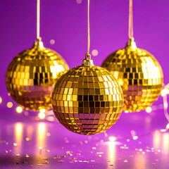 Obraz premium Three golden disco balls hanging with purple background and bokeh lights party celebration