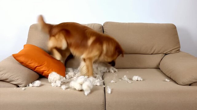 Golden retriever dog tears apart cushion on a sofa playful pet antics