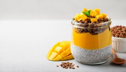 Mango Chia Pudding In Glass Jar And Chocolate Granola On Light Background With Copy Space Healthy Breakfast Concept