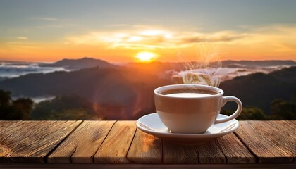 Tasse De Cafe Fumante Sur Une Table En Bois Au Lever Du Soleil Reveil Zen Calme Apaise Tranquille Petit Dejeuner Commencer La Journee Du Bon Pied