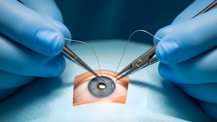 Macro shot of a surgeon’s gloved hands using microsurgical tools on an eye covered with surgical drapes, showcasing delicate eye surgery procedure details.
