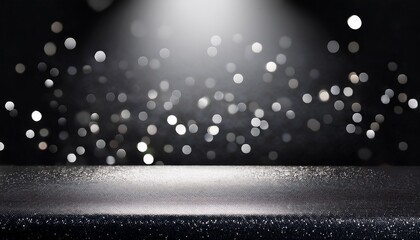 Dark Blurred Background With Silver And Black Glitter On Tabletop Under Spotlight Elegant Layout With Copy Space