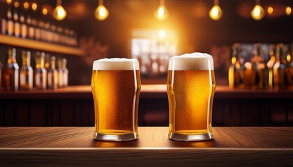 Two Glasses Of Golden Beer On A Bar Counter With A Warm Inviting Atmosphere