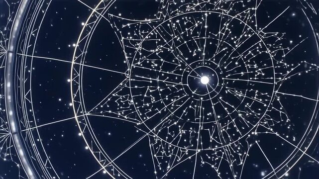Abstract Cosmic Celestial Star Map with Glowing Constellations and Nebula.